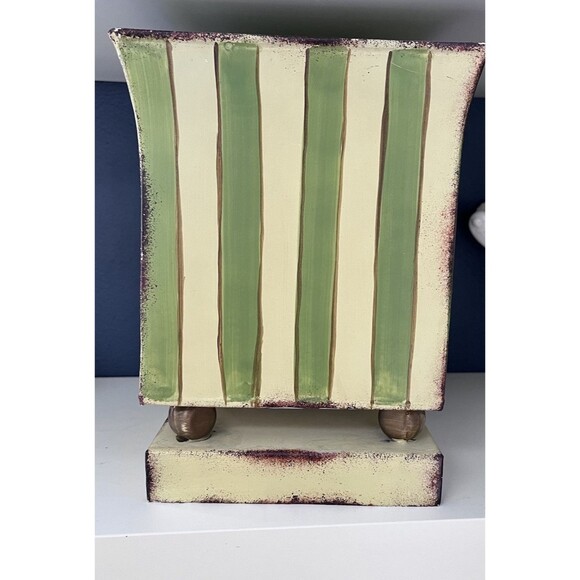Vtg Hand Painted Green Yellow Striped Metal Toleware Planter Cache Pot Floral - Picture 4 of 6